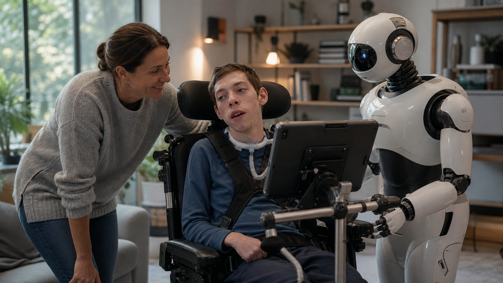 A person with cerebral palsy using assistive communication technology with caregiver and robot support.