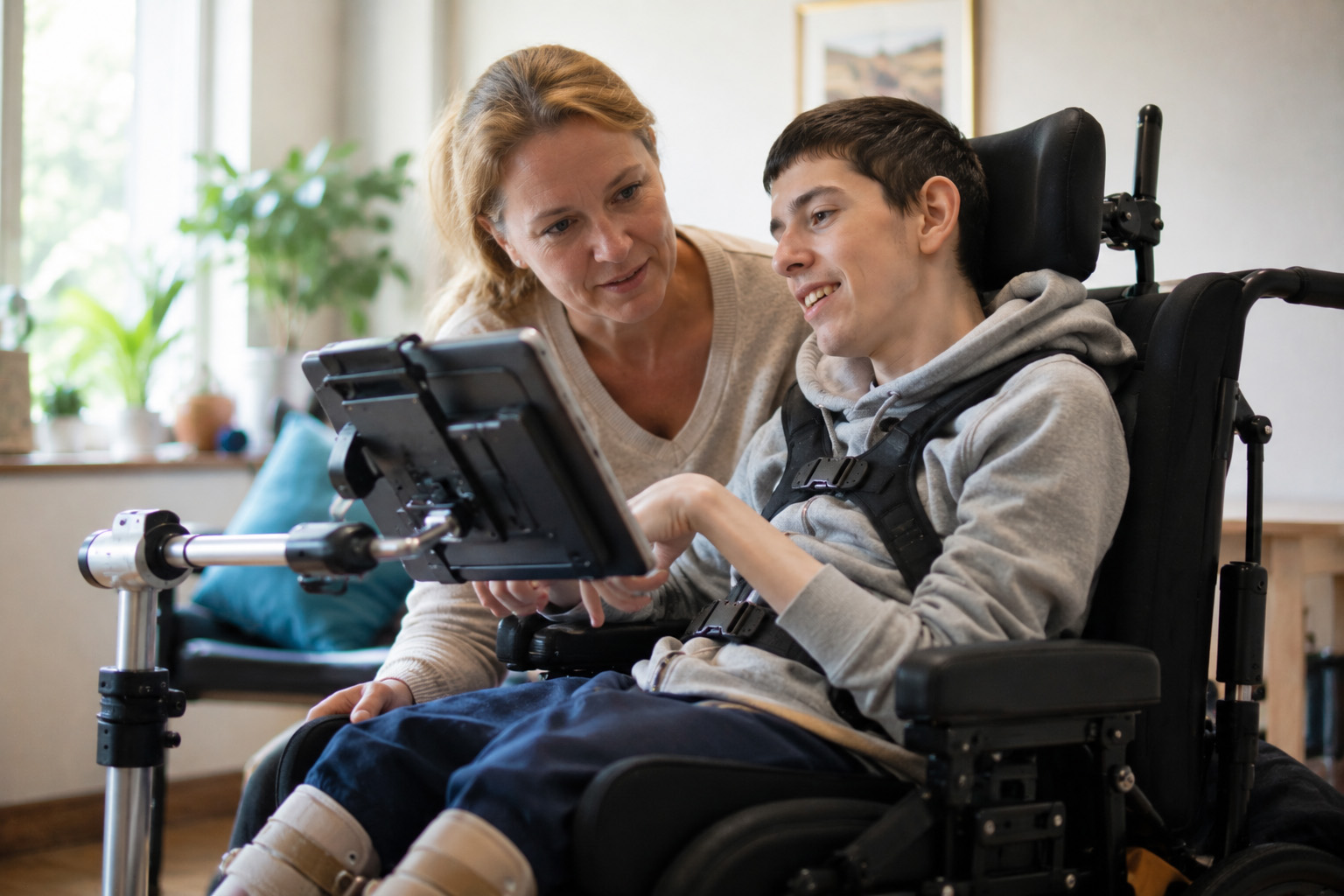 Una giovane persona con paralisi cerebrale usa un tablet per la comunicazione assistiva con il supporto di un caregiver.